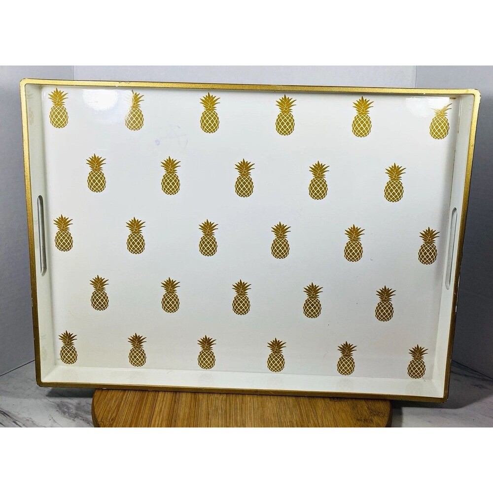 Large White & Gold Pineapple Printed Rectangular Serving Tray w/ Handles